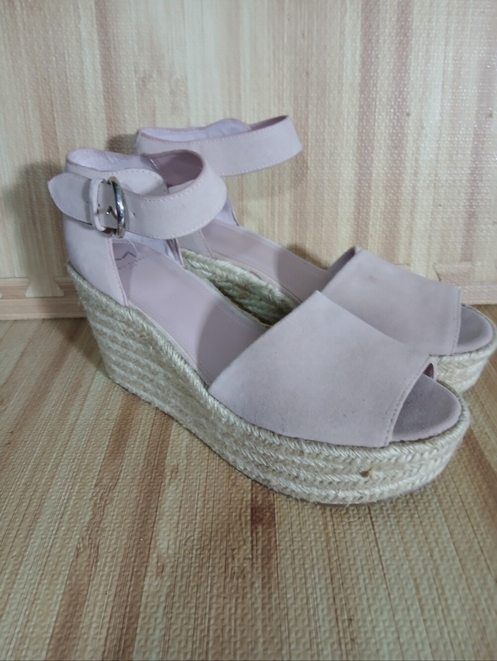 Mark Fisher Pale Pink Faux Vegan Suede Wedge Sandals 11 Espadrille Platform Ove